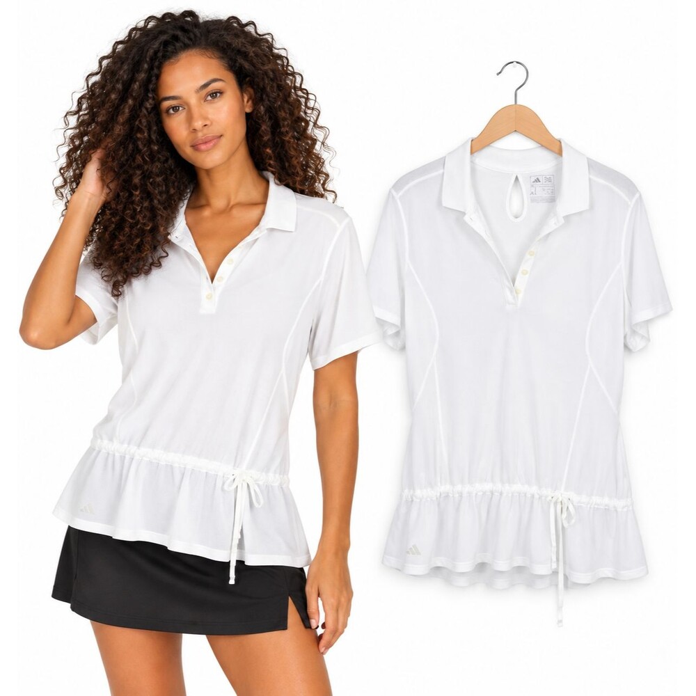 Adidas Women Golf Polo Shirt Size XL White Drawstring Waist Peplum Athletic